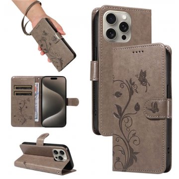 Embossed Flower Butterfly Wallet Magnetic Stand Phone Case Gray