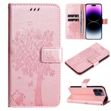 Embossed Butterfly Tree Leather Wallet Stand Phone Case Rose Gold