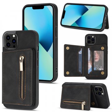 Zipper Pokcet Wallet Kickstand Magnetic Phone Cover Black