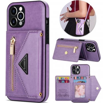 Crossbody Strap Zipper Wallet Kickstand Phone Cover Purple