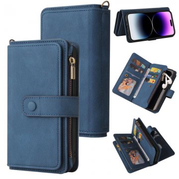 Multi-Functional Zipper Wallet 15 Card Slots Stand Leather Phone Case Blue