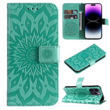 Embossed Sunflower Leather Wallet Kickstand Phone Case Green