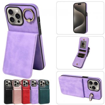 Card Slots Kickstand Litchi Texture Leather Phone Case Purple