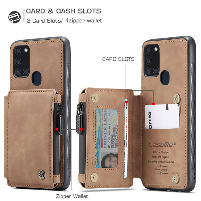 CaseMe Samsung Galaxy A21S Zipper Pocket Card Slots Case Brown