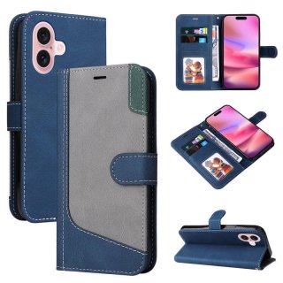 For iPhone 16 Three-Color Splicing Wallet Kickstand Magnetic Case Blue