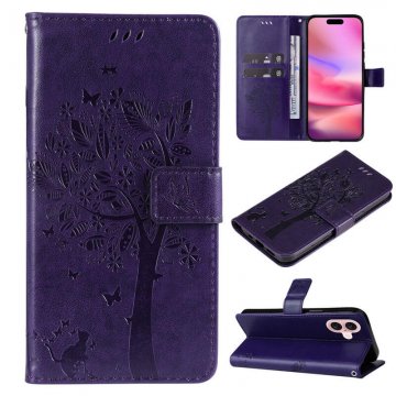 For iPhone 16 Cat Tree Embossed Pattern Wallet Magnetic Case Purple