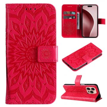 For iPhone 16 Pro Embossed Sunflower Pattern Wallet Magnetic Case Red