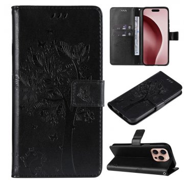 For iPhone 16 Pro Cat Tree Embossed Pattern Wallet Magnetic Case Black