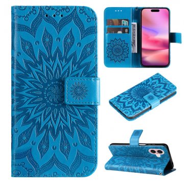 For iPhone 16 Embossed Sunflower Pattern Wallet Magnetic Case Blue