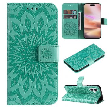 For iPhone 16 Plus Embossed Sunflower Pattern Wallet Magnetic Case Green