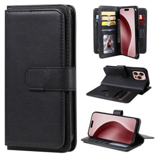 For iPhone 16 Pro Wallet 10 Card Slots Kickstand Leather Case Black