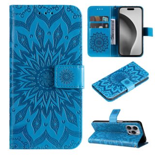 For iPhone 16 Pro Max Embossed Sunflower Pattern Wallet Magnetic Case Blue