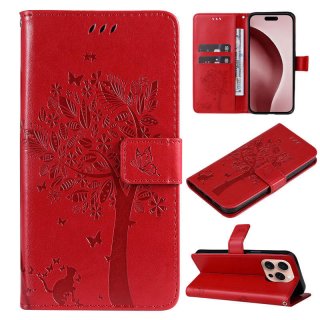 For iPhone 16 Pro Cat Tree Embossed Pattern Wallet Magnetic Case Red