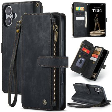 CaseMe iPhone 16 Plus Wallet Kickstand Case with Wrist Strap Black