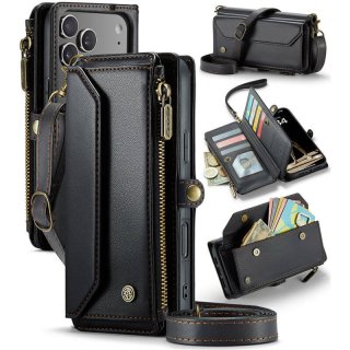 CaseMe iPhone 17 Pro Max Wallet RFID Blocking Crossbody Case with Wireless Charging Black