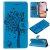 For iPhone 16 Plus Cat Tree Embossed Pattern Wallet Magnetic Case Blue