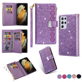 Samsung Galaxy S21/S21 Plus/S21 Ultra Wallet Glitter Bling Leather Case Purple