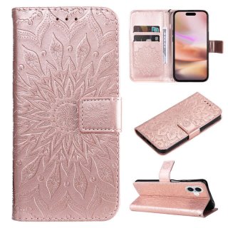 For iPhone 16 Plus Embossed Sunflower Pattern Wallet Magnetic Case Rose Gold