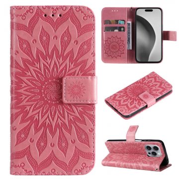 For iPhone 16 Pro Max Embossed Sunflower Pattern Wallet Magnetic Case Pink