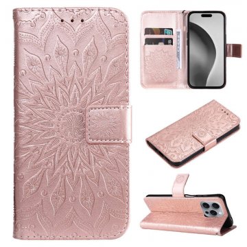 For iPhone 16 Pro Max Embossed Sunflower Pattern Wallet Magnetic Case Rose Gold