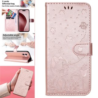 For iPhone 16 Cat Bee Embossed Pattern Wallet Magnetic Case Rose Gold