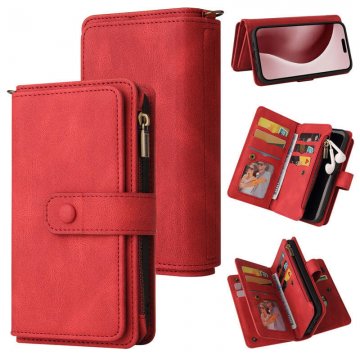 For iPhone 16 Pro Wallet 15 Card Slots Leather Case with Wrist Strap Red