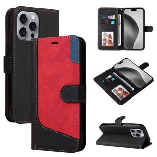 For iPhone 16 Pro Max Three-Color Splicing Wallet Kickstand Magnetic Case Black