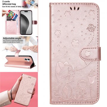 For iPhone 16 Plus Cat Bee Embossed Pattern Wallet Magnetic Case Rose Gold