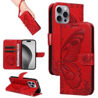 For iPhone 16 Pro Max Butterfly Embossed Wallet Kickstand Case Red