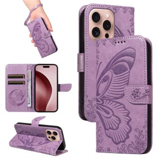 For iPhone 16 Pro Butterfly Embossed Wallet Kickstand Case Purple