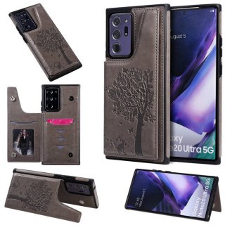 Samsung Galaxy Note 20 Ultra Embossed Tree Cat Magnetic Clasp Wallet Stand Case Gray