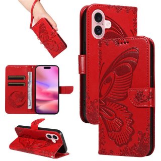 For iPhone 16 Butterfly Embossed Wallet Kickstand Case Red