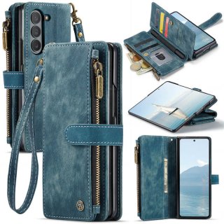 CaseMe Samsung Galaxy Z Fold6 Zipper Wallet Case with Wrist Strap Blue