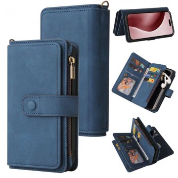 For iPhone 16 Pro Wallet 15 Card Slots Leather Case with Wrist Strap Blue