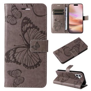 For iPhone 16 Plus Butterfly Embossed Wallet Magnetic Case Gray