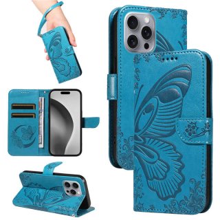 For iPhone 16 Pro Max Butterfly Embossed Wallet Kickstand Case Black