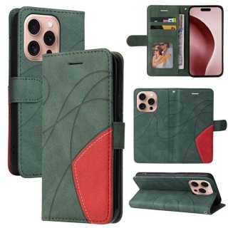 For iPhone 16 Pro Dual-Color Splicing Wallet Magnetic Stand Case Green