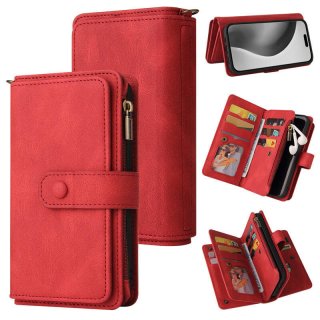 For iPhone 16 Pro Max Wallet 15 Card Slots Leather Case with Wrist Strap Red