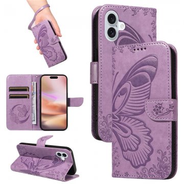 For iPhone 16 Plus Butterfly Embossed Wallet Kickstand Case Purple