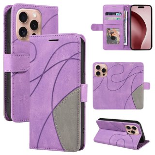 For iPhone 16 Pro Dual-Color Splicing Wallet Magnetic Stand Case Purple