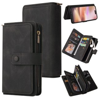 For iPhone 16 Plus Wallet 15 Card Slots Leather Case with Wrist Strap Black