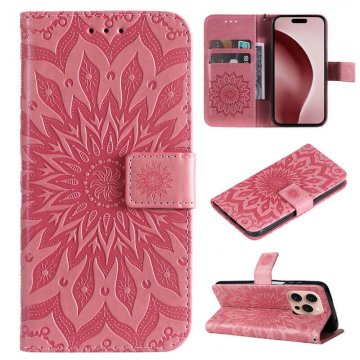 For iPhone 16 Pro Embossed Sunflower Pattern Wallet Magnetic Case Pink