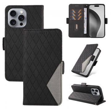 For iPhone 16 Pro Max Color Splicing Wallet Magnetic Kickstand Case Black