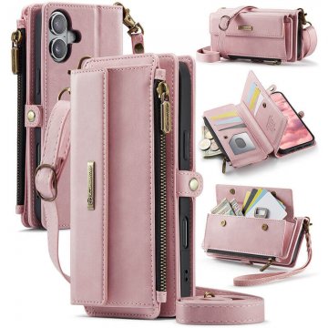 CaseMe iPhone 16 Crossbody Wallet Case with RFID Blocking & Wireless Charging Pink