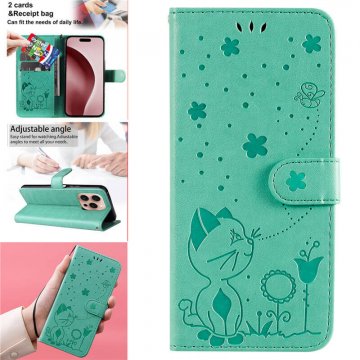 For iPhone 16 Pro Cat Bee Embossed Pattern Wallet Magnetic Case Green