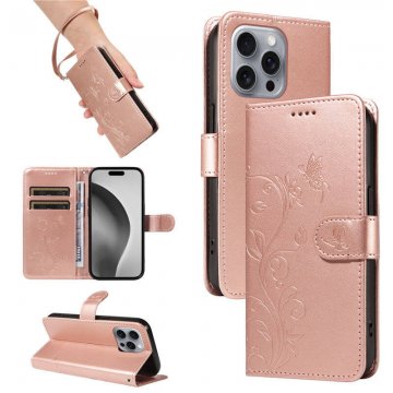 For iPhone 16 Pro Max Embossed Apricot Blossom Pattern Wallet Case Rose Gold