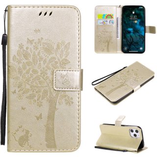 iPhone 12 Pro Max Embossed Tree Cat Butterfly Wallet Stand Case Gold