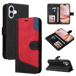 For iPhone 16 Plus Three-Color Splicing Wallet Kickstand Magnetic Case Black