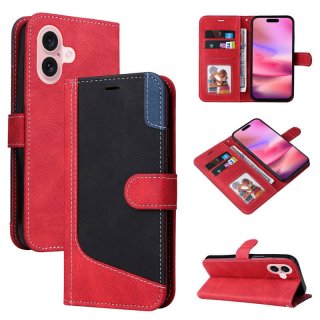 For iPhone 16 Three-Color Splicing Wallet Kickstand Magnetic Case Red