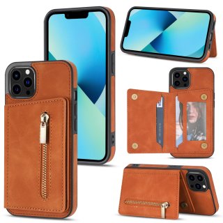 Zipper Pokcet Wallet Kickstand Magnetic Phone Cover Brown